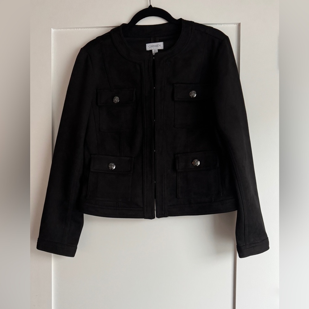 Carmen Marc Valvo Black Faux Suede Military Jacket Medium | Pockets - Picture 2 of 10